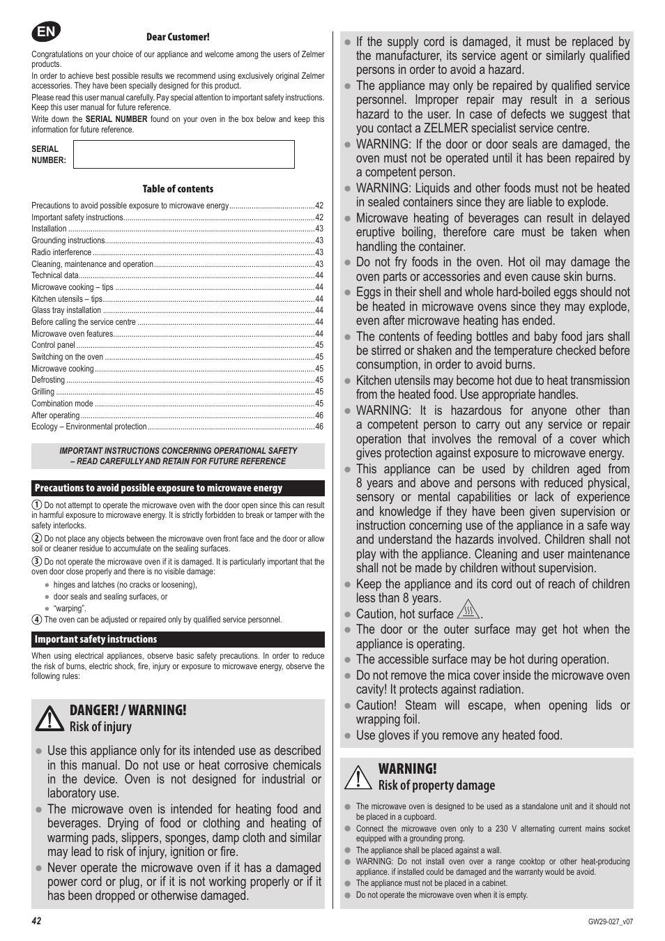 Danger! / warning, Warning, Risk of injury | Risk of property damage | ZELMER 29Z020 User Manual | Page 42 / 48