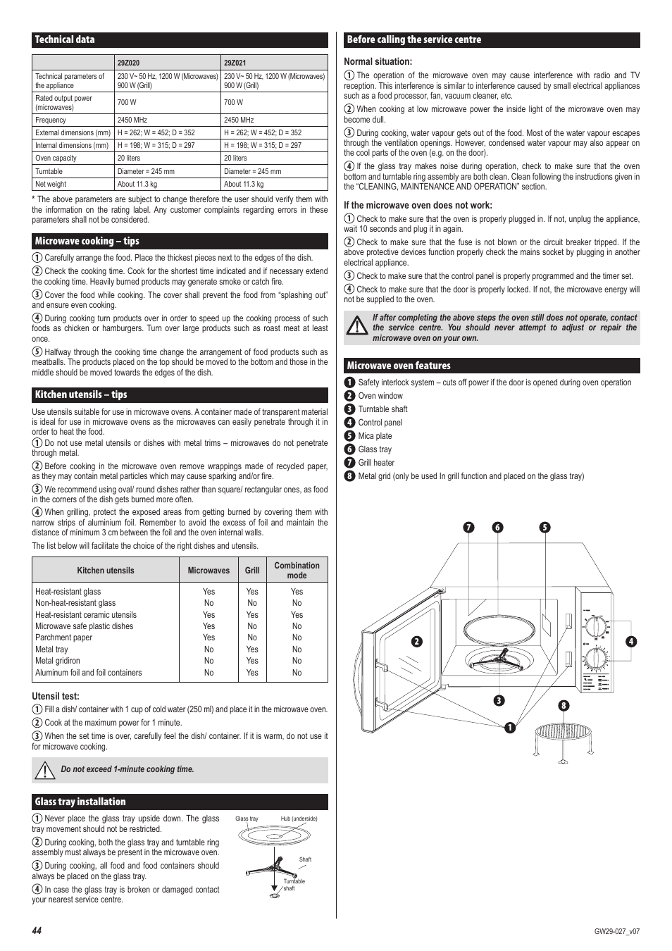 Technical data, Microwave cooking – tips, Kitchen utensils – tips | Glass tray installation, Before calling the service centre, Microwave oven features | ZELMER 29Z020 User Manual | Page 44 / 48