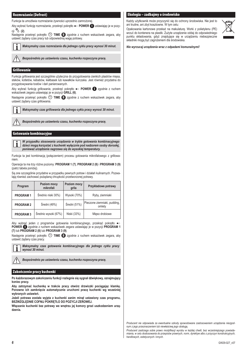 Ekologia – zadbajmy o środowisko, Rozmrażanie (defrost), Grillowanie | Gotowanie kombinacyjne, Zakończenie pracy kuchenki | ZELMER 29Z020 User Manual | Page 6 / 48