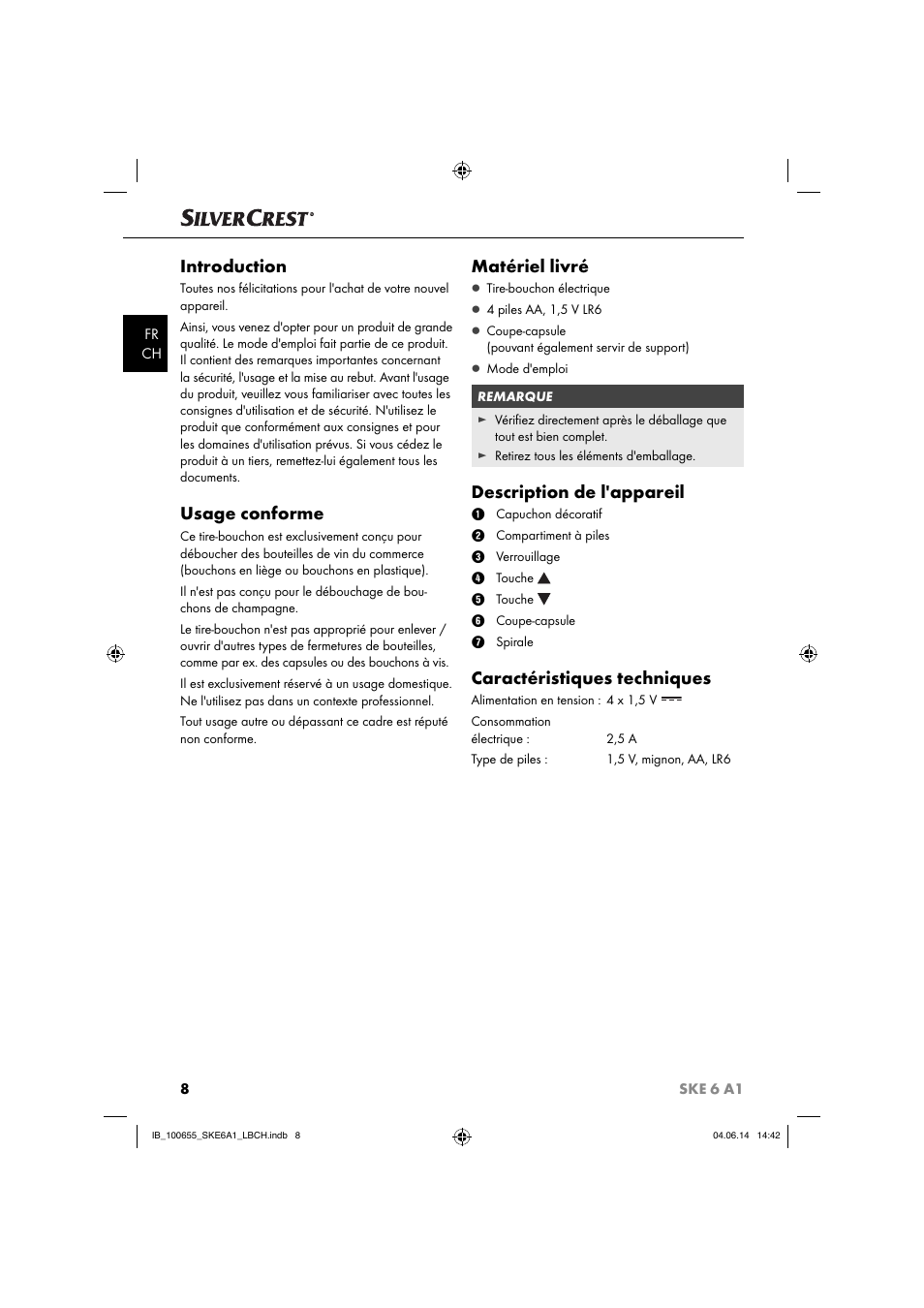 Introduction, Usage conforme, Matériel livré | Description de l'appareil, Caractéristiques techniques | Silvercrest SKE 6 A1 User Manual | Page 11 / 28