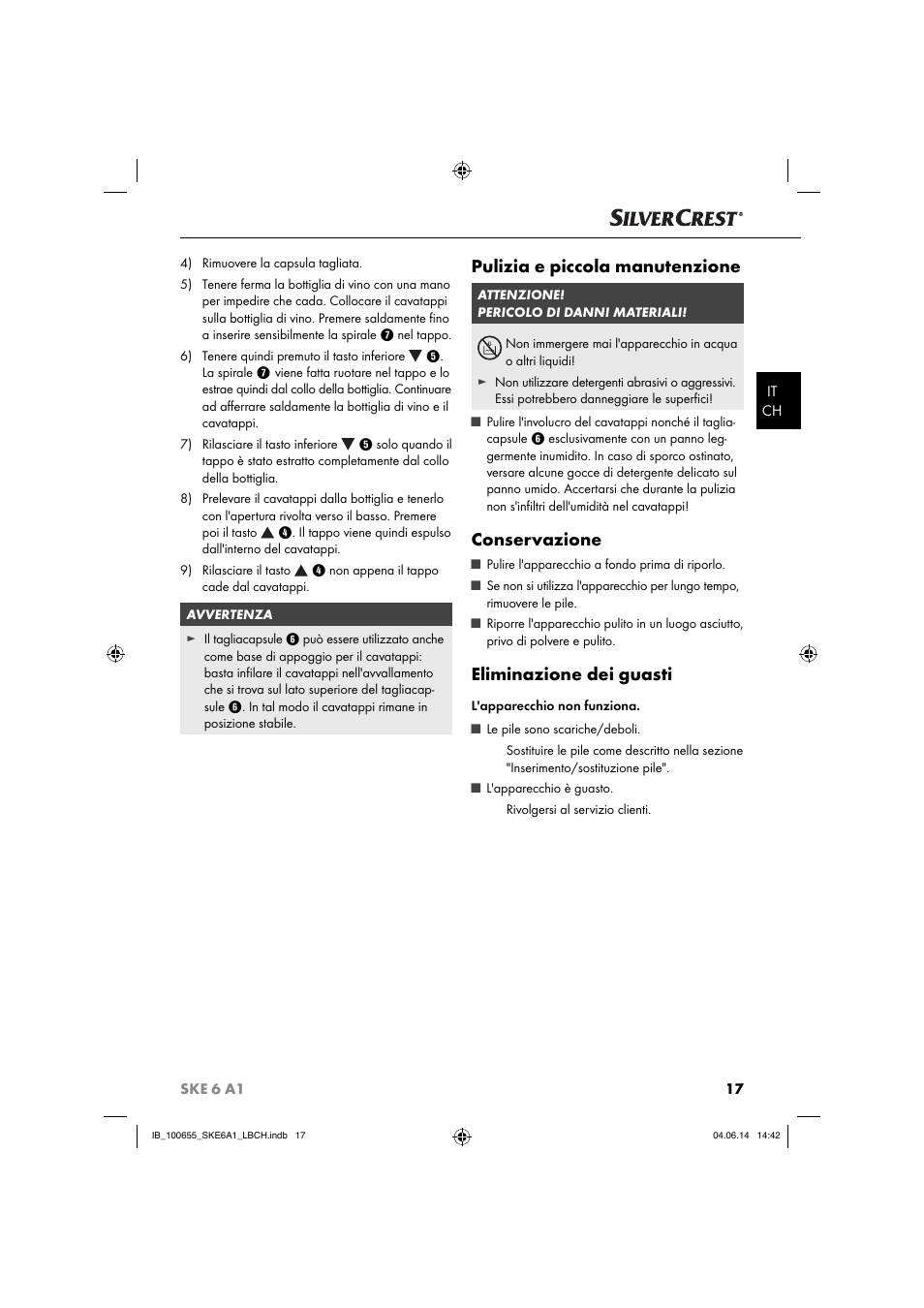 Pulizia e piccola manutenzione, Conservazione, Eliminazione dei guasti | Silvercrest SKE 6 A1 User Manual | Page 20 / 28