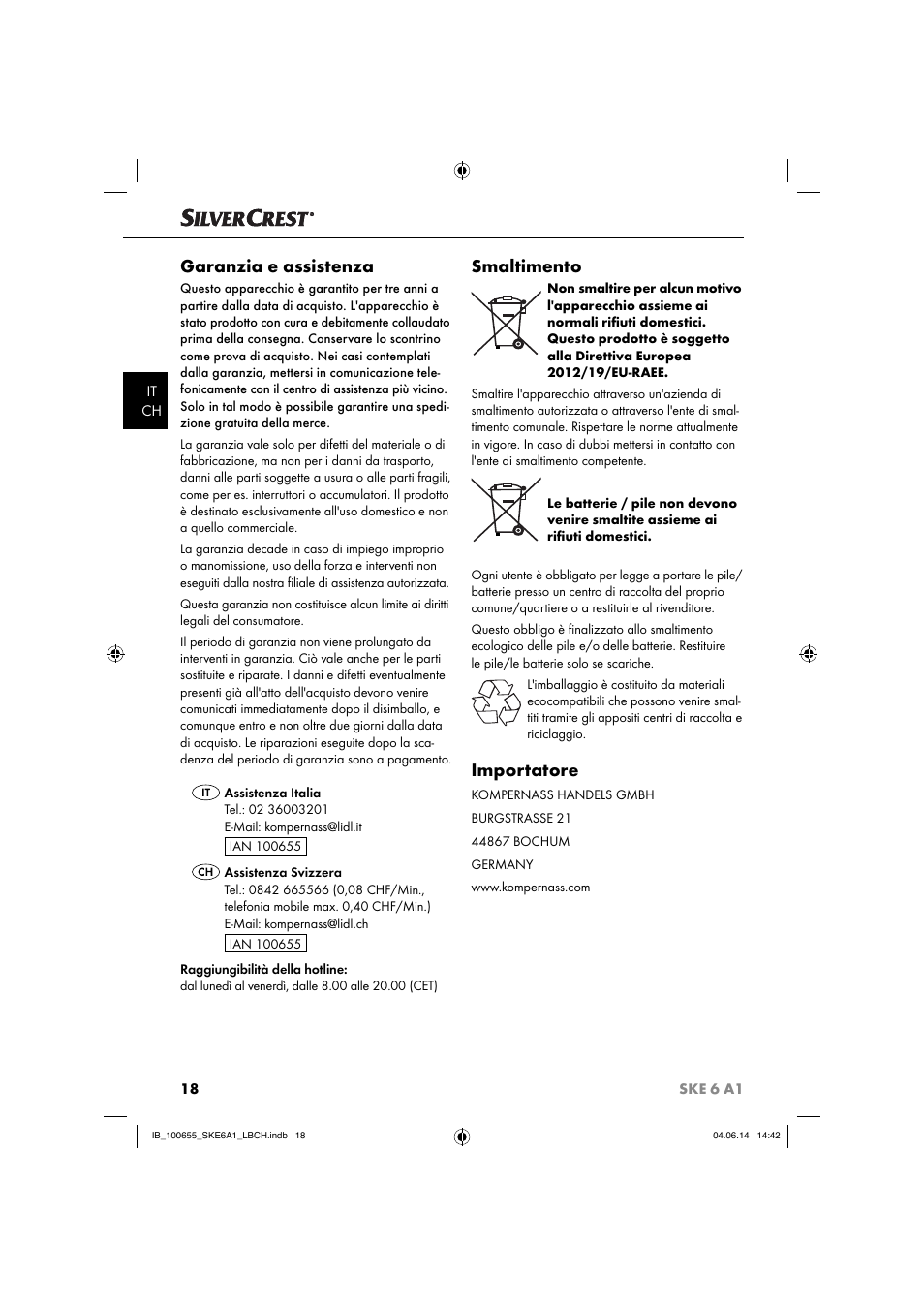 Garanzia e assistenza, Smaltimento, Importatore | Silvercrest SKE 6 A1 User Manual | Page 21 / 28