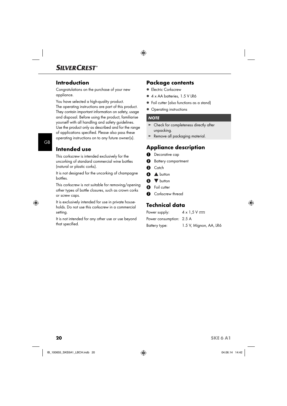 Introduction, Intended use, Package contents | Appliance description, Technical data | Silvercrest SKE 6 A1 User Manual | Page 23 / 28