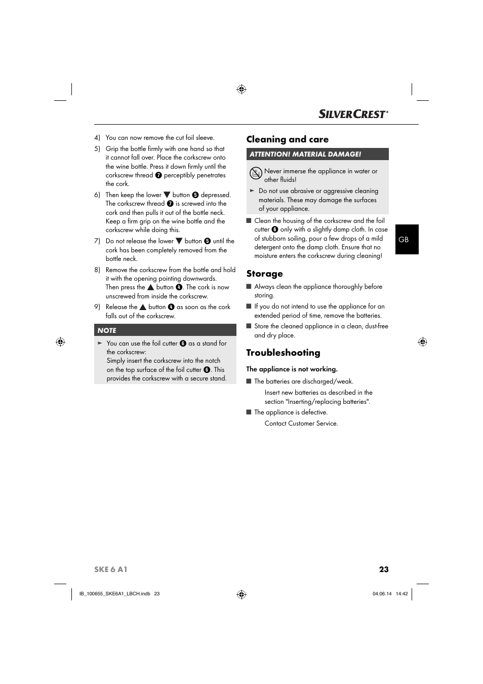 Cleaning and care, Storage, Troubleshooting | Silvercrest SKE 6 A1 User Manual | Page 26 / 28