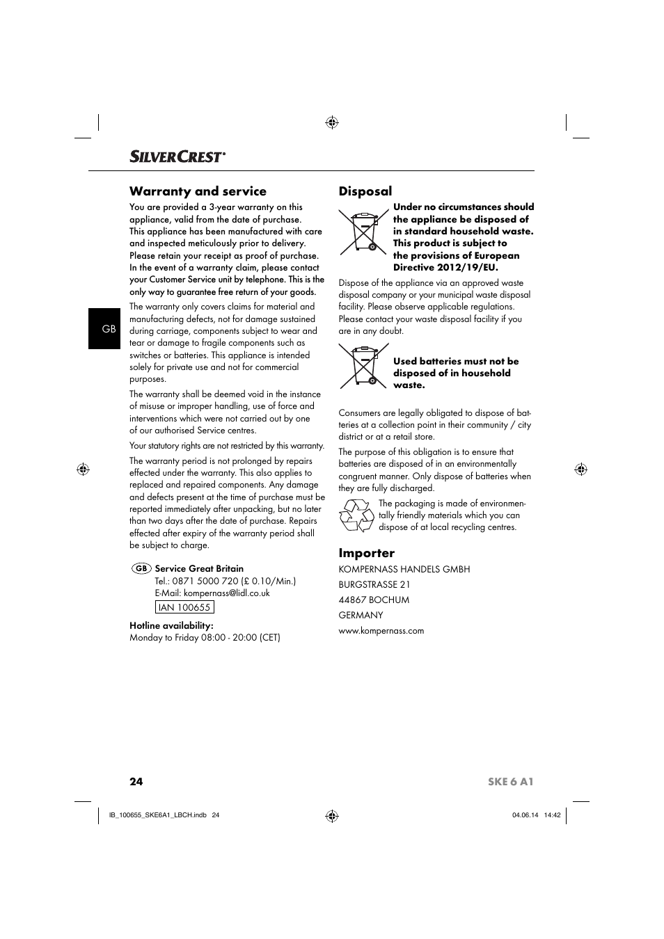 Warranty and service, Disposal, Importer | Silvercrest SKE 6 A1 User Manual | Page 27 / 28