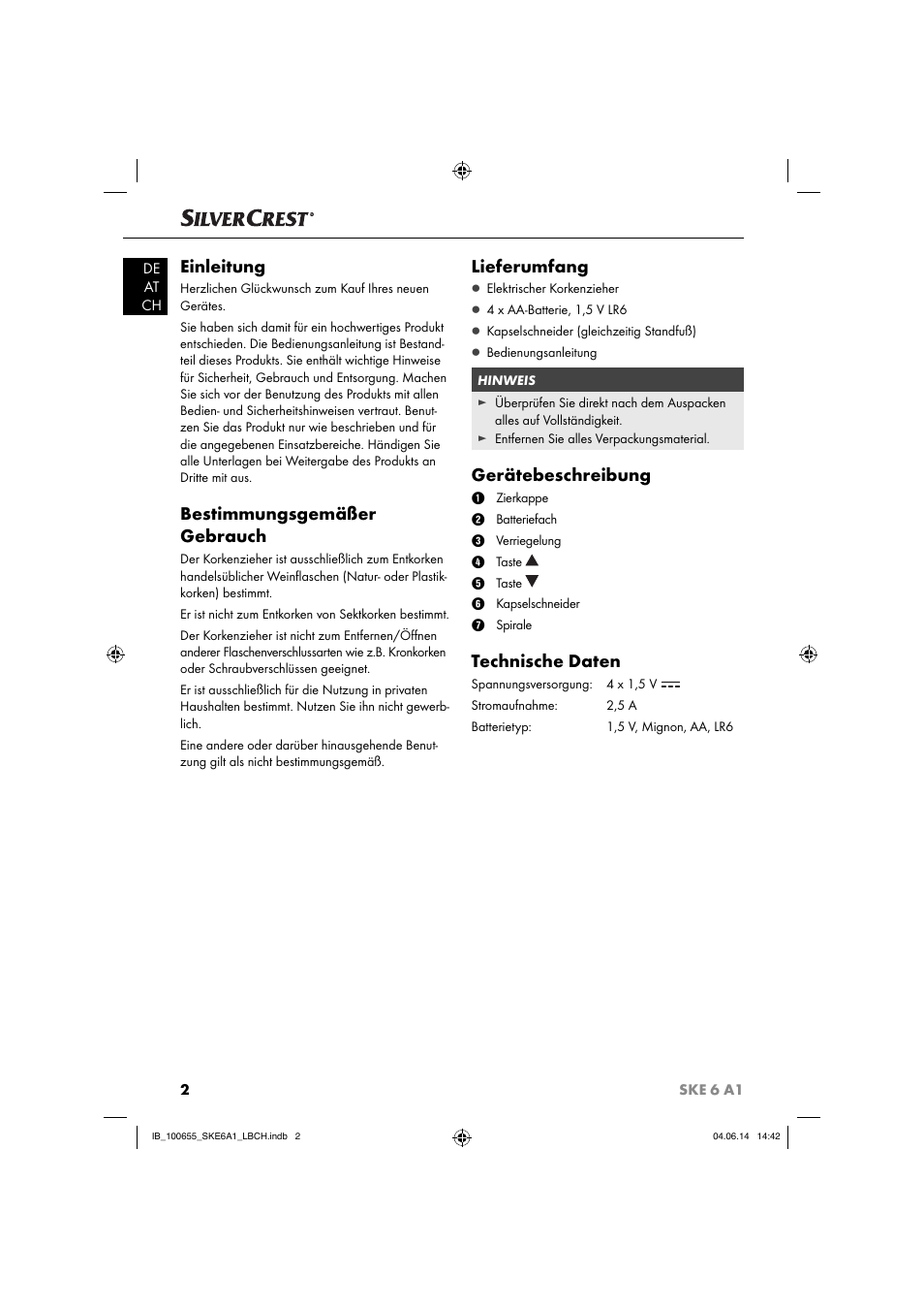 Einleitung, Bestimmungsgemäßer gebrauch, Lieferumfang | Gerätebeschreibung, Technische daten | Silvercrest SKE 6 A1 User Manual | Page 5 / 28