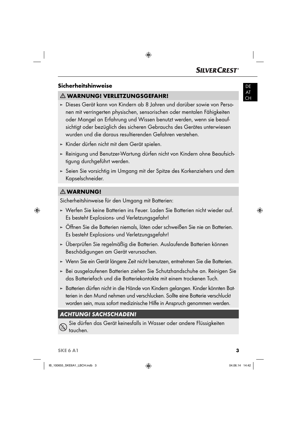 Sicherheitshinweise warnung! verletzungsgefahr, Kinder dürfen nicht mit dem gerät spielen | Silvercrest SKE 6 A1 User Manual | Page 6 / 28