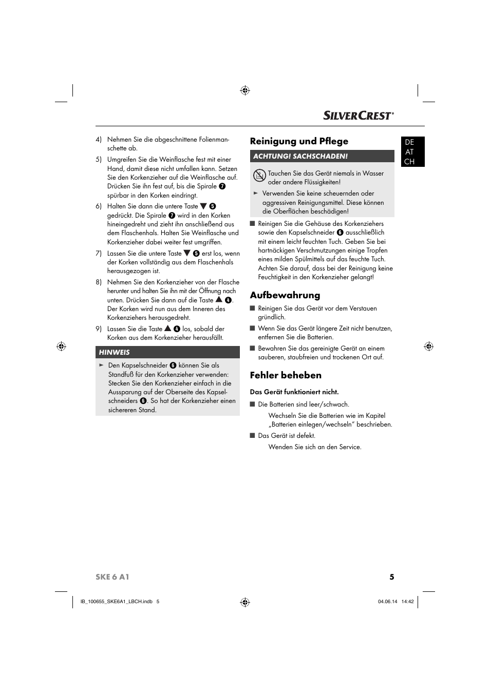 Reinigung und pﬂ ege, Aufbewahrung, Fehler beheben | Silvercrest SKE 6 A1 User Manual | Page 8 / 28