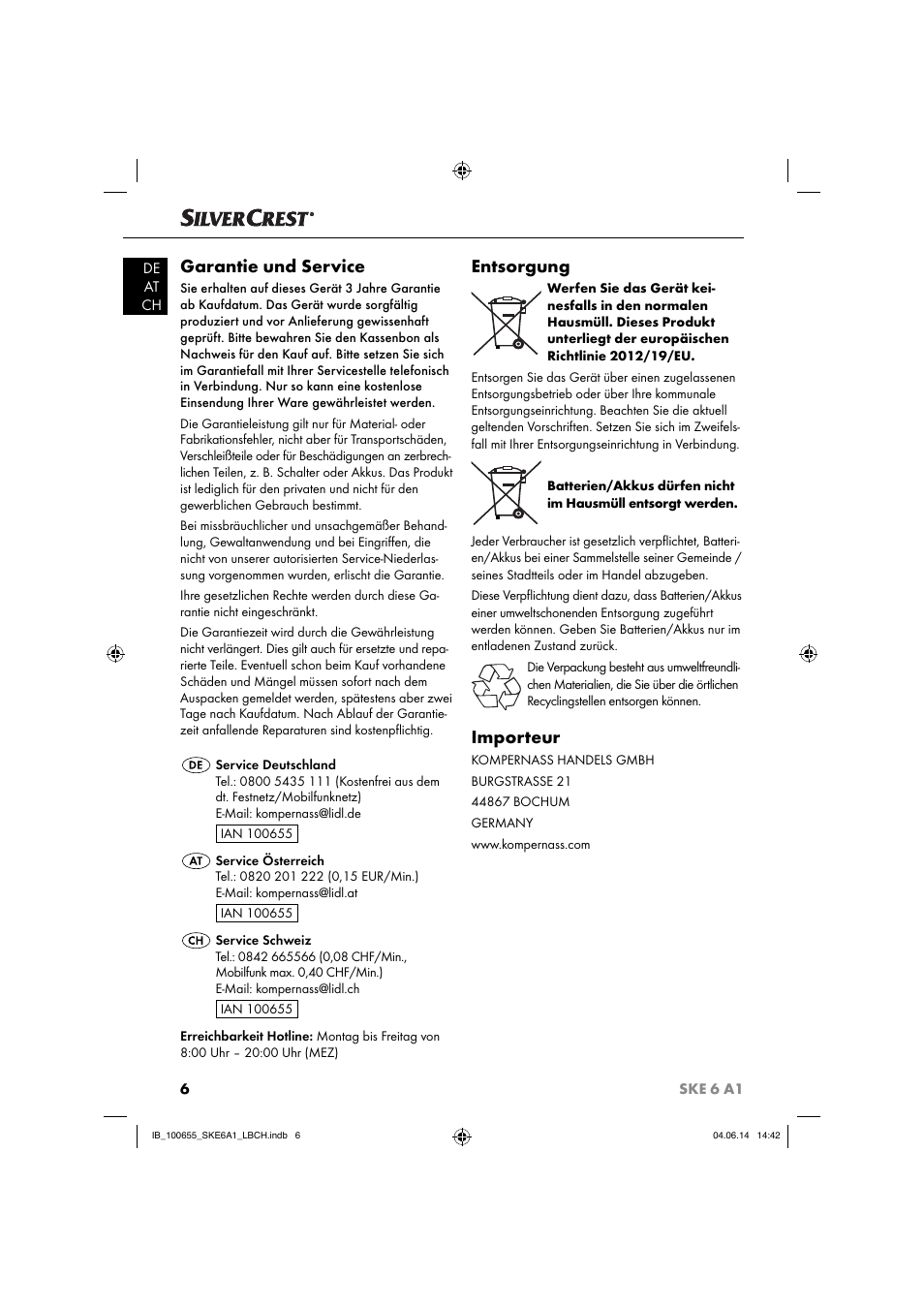 Garantie und service, Entsorgung, Importeur | Silvercrest SKE 6 A1 User Manual | Page 9 / 28