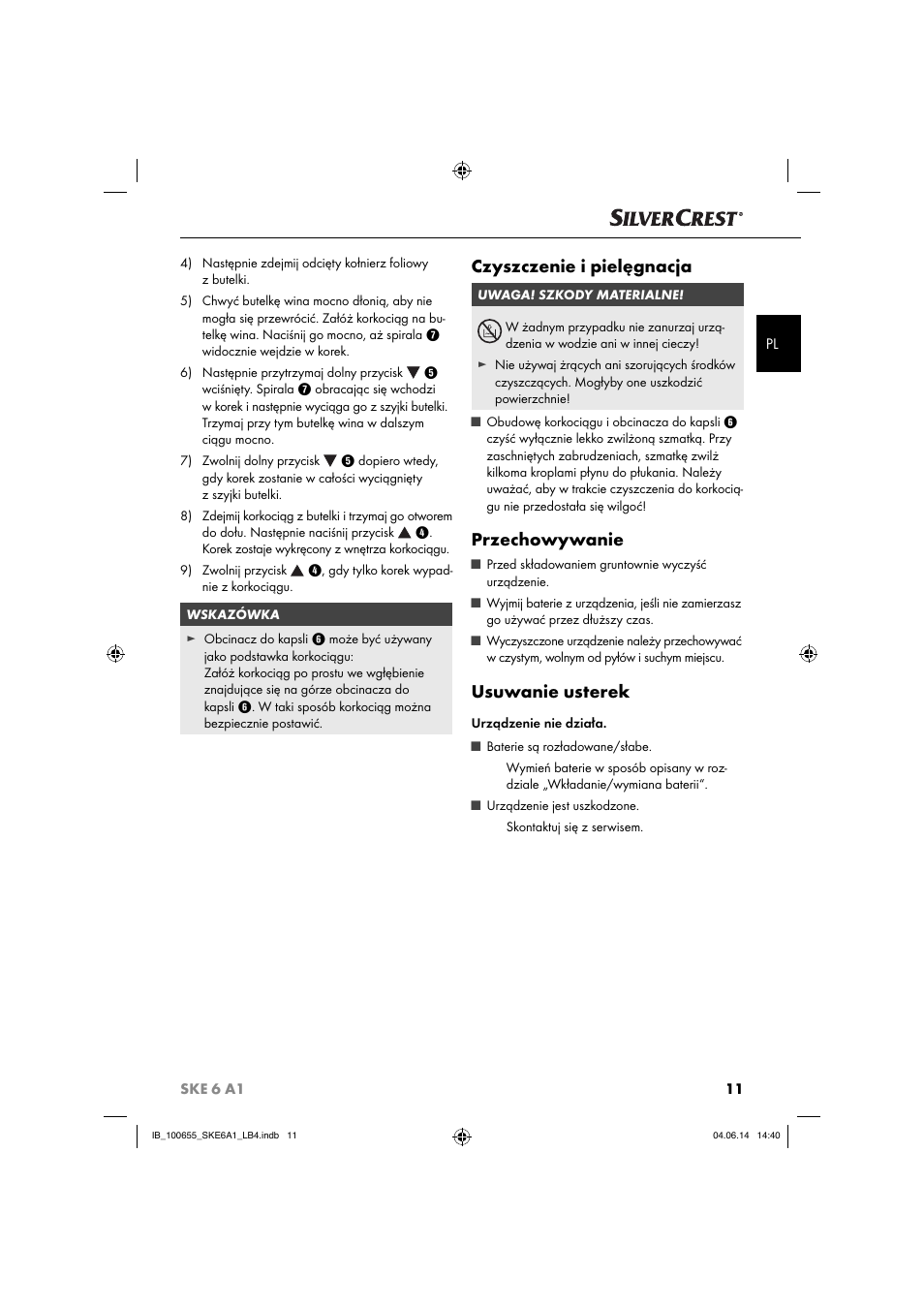 Czyszczenie i pielęgnacja, Przechowywanie, Usuwanie usterek | Silvercrest SKE 6 A1 User Manual | Page 14 / 34