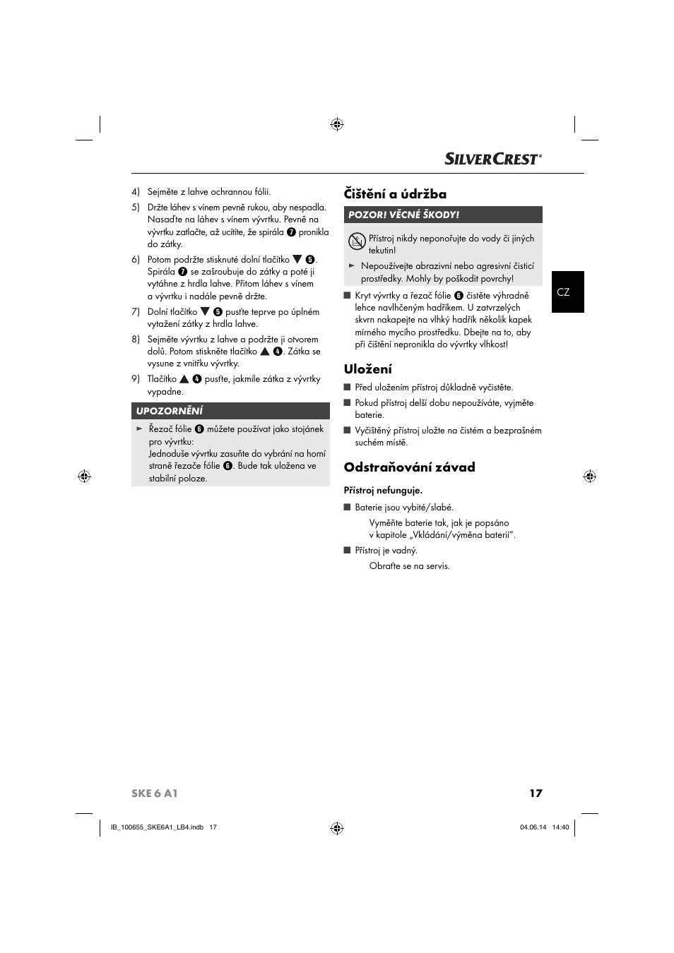 Čištění a údržba, Uložení, Odstraňování závad | Silvercrest SKE 6 A1 User Manual | Page 20 / 34
