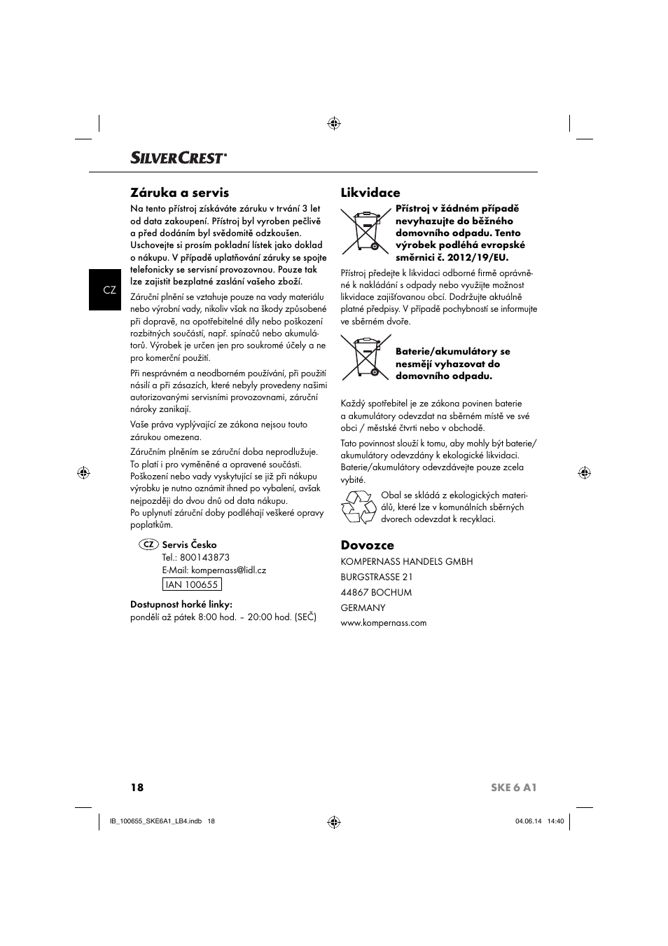 Záruka a servis, Likvidace, Dovozce | Silvercrest SKE 6 A1 User Manual | Page 21 / 34