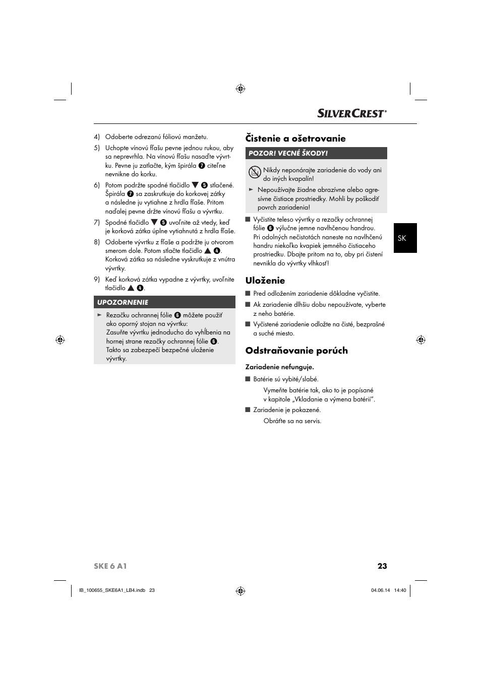 Čistenie a ošetrovanie, Uloženie, Odstraňovanie porúch | Silvercrest SKE 6 A1 User Manual | Page 26 / 34