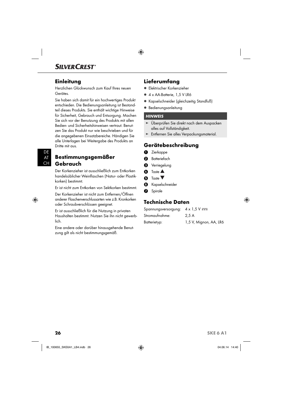 Einleitung, Bestimmungsgemäßer gebrauch, Lieferumfang | Gerätebeschreibung, Technische daten | Silvercrest SKE 6 A1 User Manual | Page 29 / 34