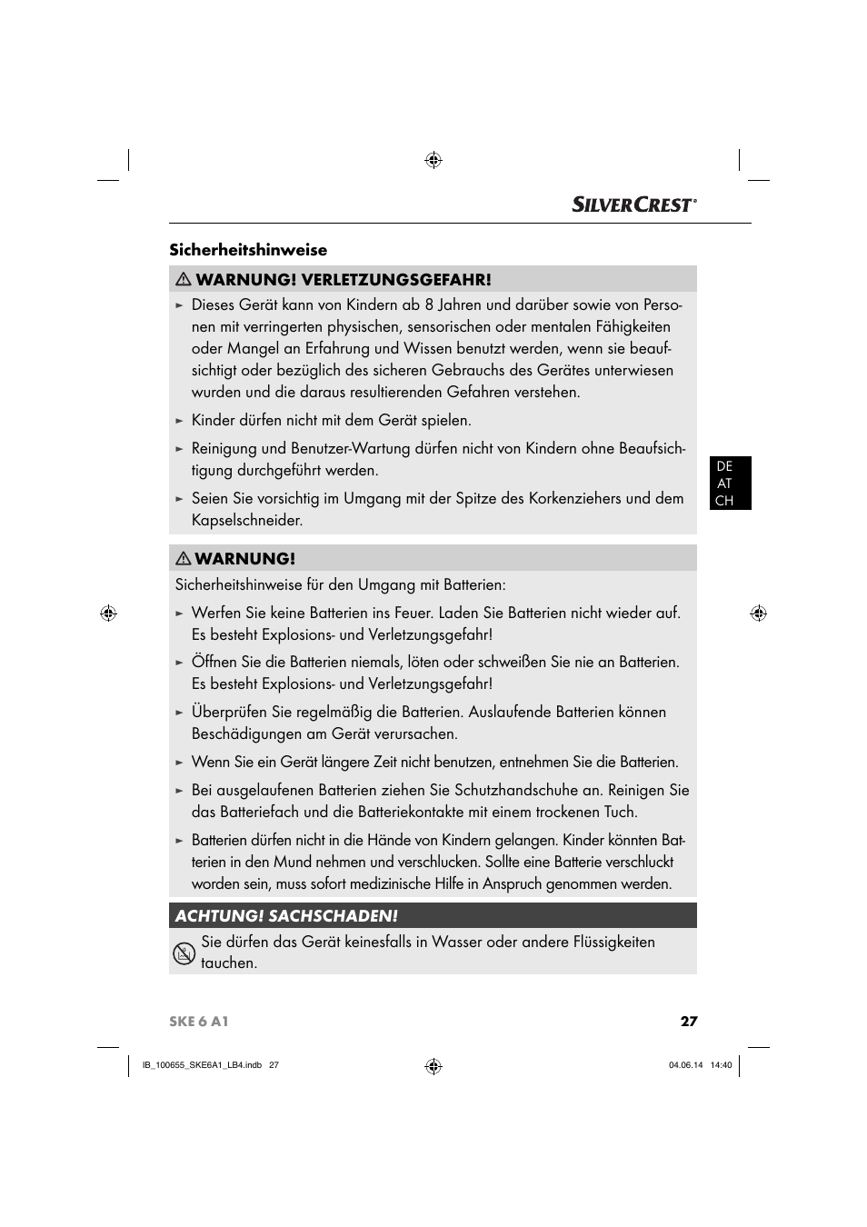 Sicherheitshinweise warnung! verletzungsgefahr, Kinder dürfen nicht mit dem gerät spielen | Silvercrest SKE 6 A1 User Manual | Page 30 / 34