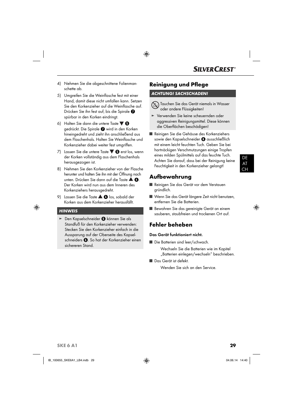 Reinigung und pﬂ ege, Aufbewahrung, Fehler beheben | Silvercrest SKE 6 A1 User Manual | Page 32 / 34