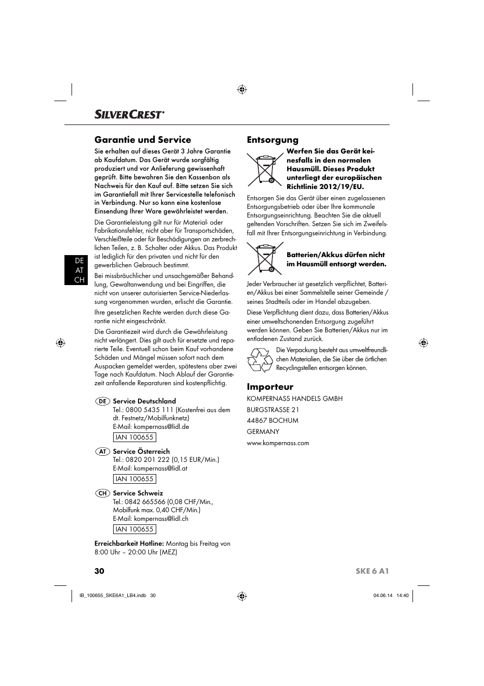 Garantie und service, Entsorgung, Importeur | Silvercrest SKE 6 A1 User Manual | Page 33 / 34