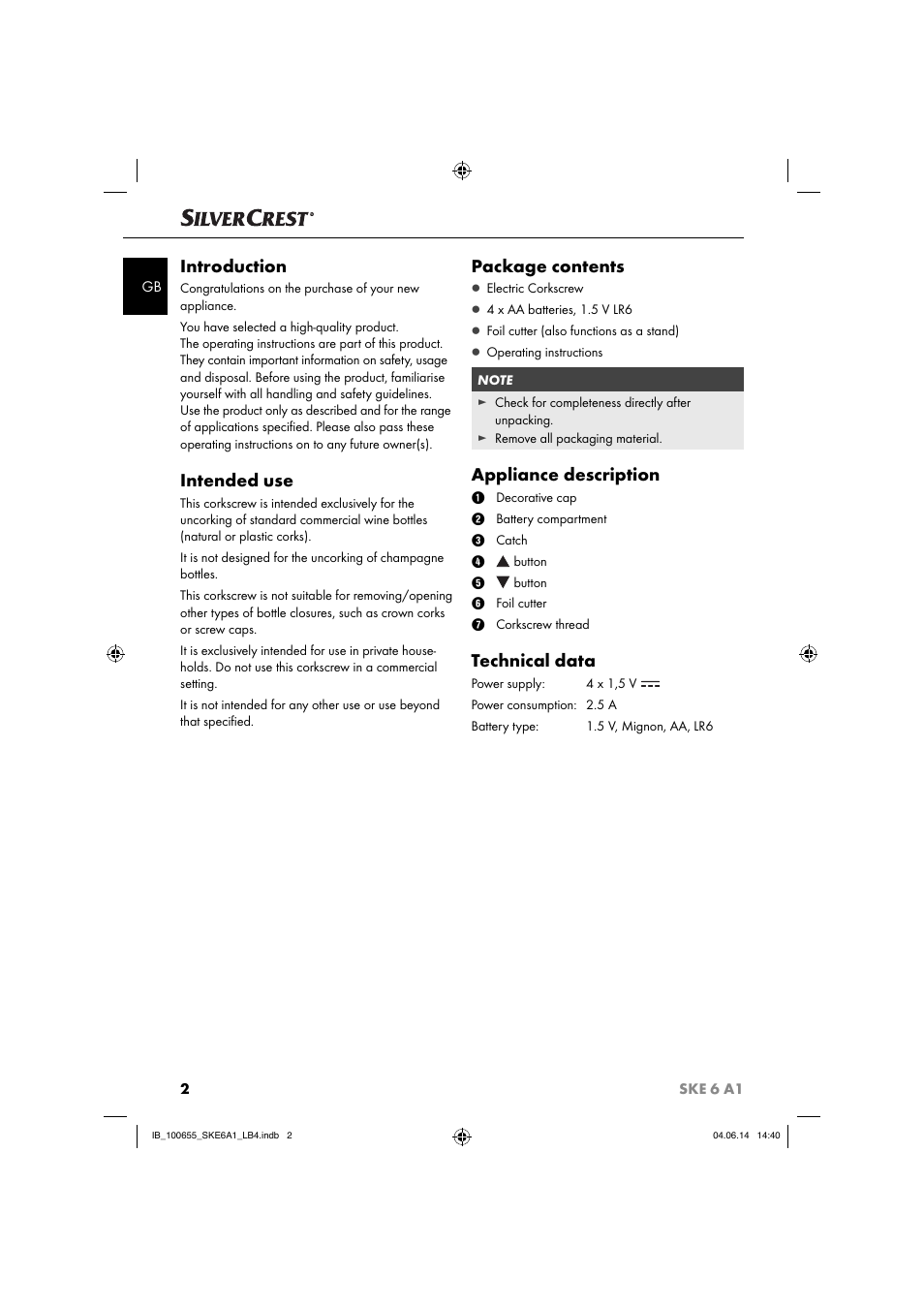 Introduction, Intended use, Package contents | Appliance description, Technical data | Silvercrest SKE 6 A1 User Manual | Page 5 / 34