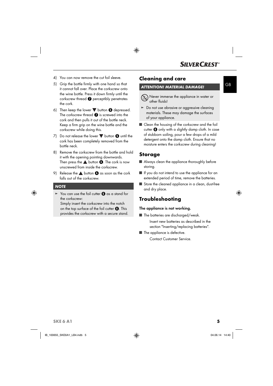 Cleaning and care, Storage, Troubleshooting | Silvercrest SKE 6 A1 User Manual | Page 8 / 34