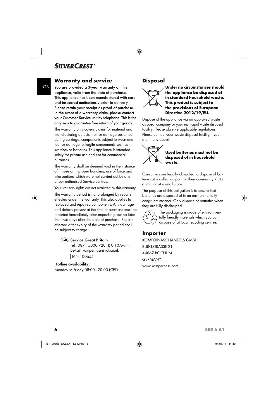 Warranty and service, Disposal, Importer | Silvercrest SKE 6 A1 User Manual | Page 9 / 34