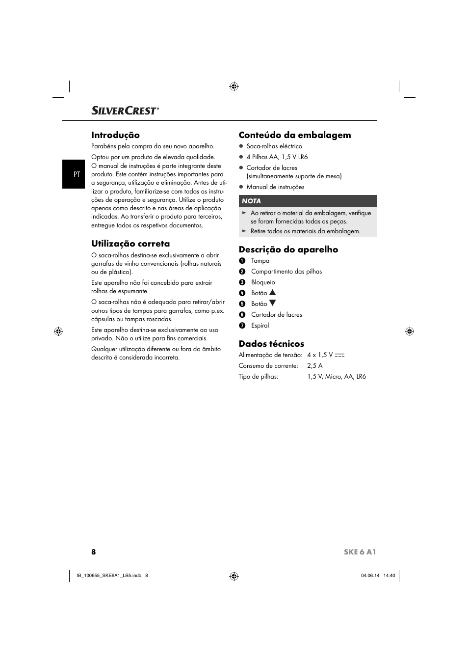 Introdução, Utilização correta, Conteúdo da embalagem | Descrição do aparelho, Dados técnicos | Silvercrest SKE 6 A1 User Manual | Page 11 / 28