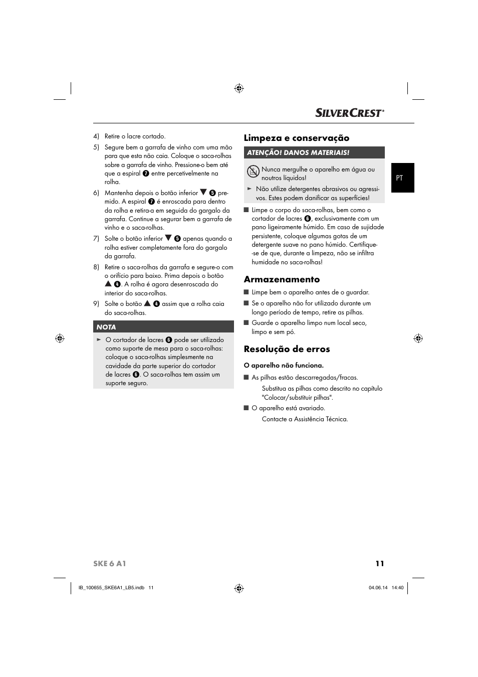 Limpeza e conservação, Armazenamento, Resolução de erros | Silvercrest SKE 6 A1 User Manual | Page 14 / 28