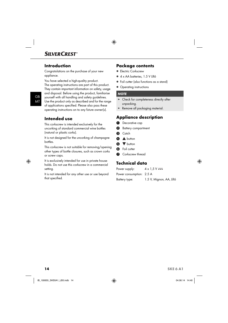 Introduction, Intended use, Package contents | Appliance description, Technical data | Silvercrest SKE 6 A1 User Manual | Page 17 / 28