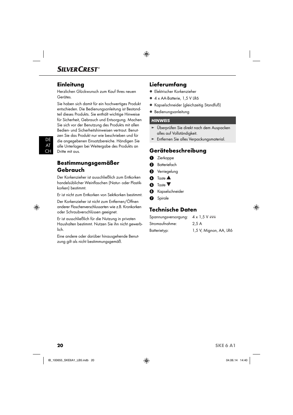 Einleitung, Bestimmungsgemäßer gebrauch, Lieferumfang | Gerätebeschreibung, Technische daten | Silvercrest SKE 6 A1 User Manual | Page 23 / 28
