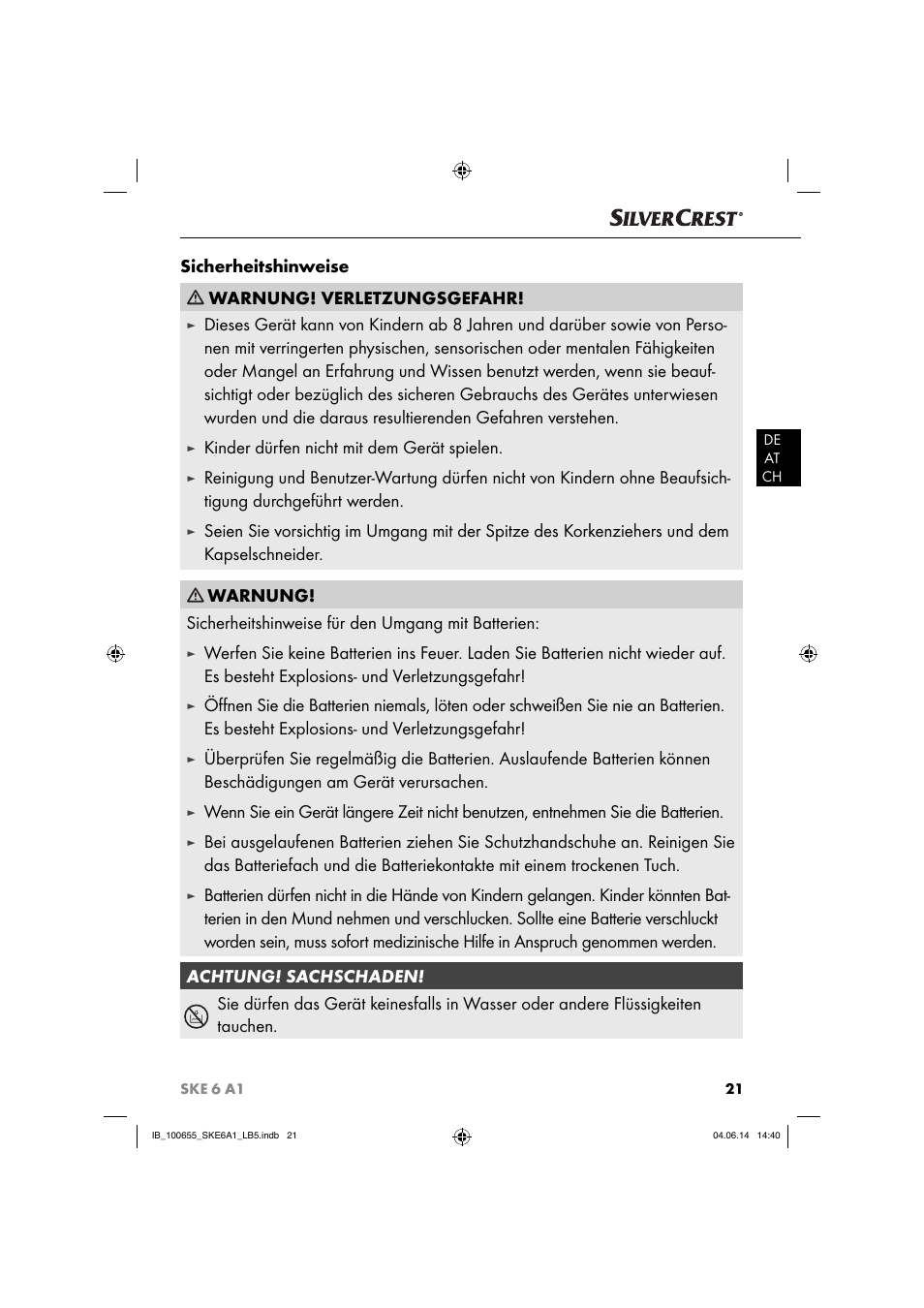 Sicherheitshinweise warnung! verletzungsgefahr, Kinder dürfen nicht mit dem gerät spielen | Silvercrest SKE 6 A1 User Manual | Page 24 / 28