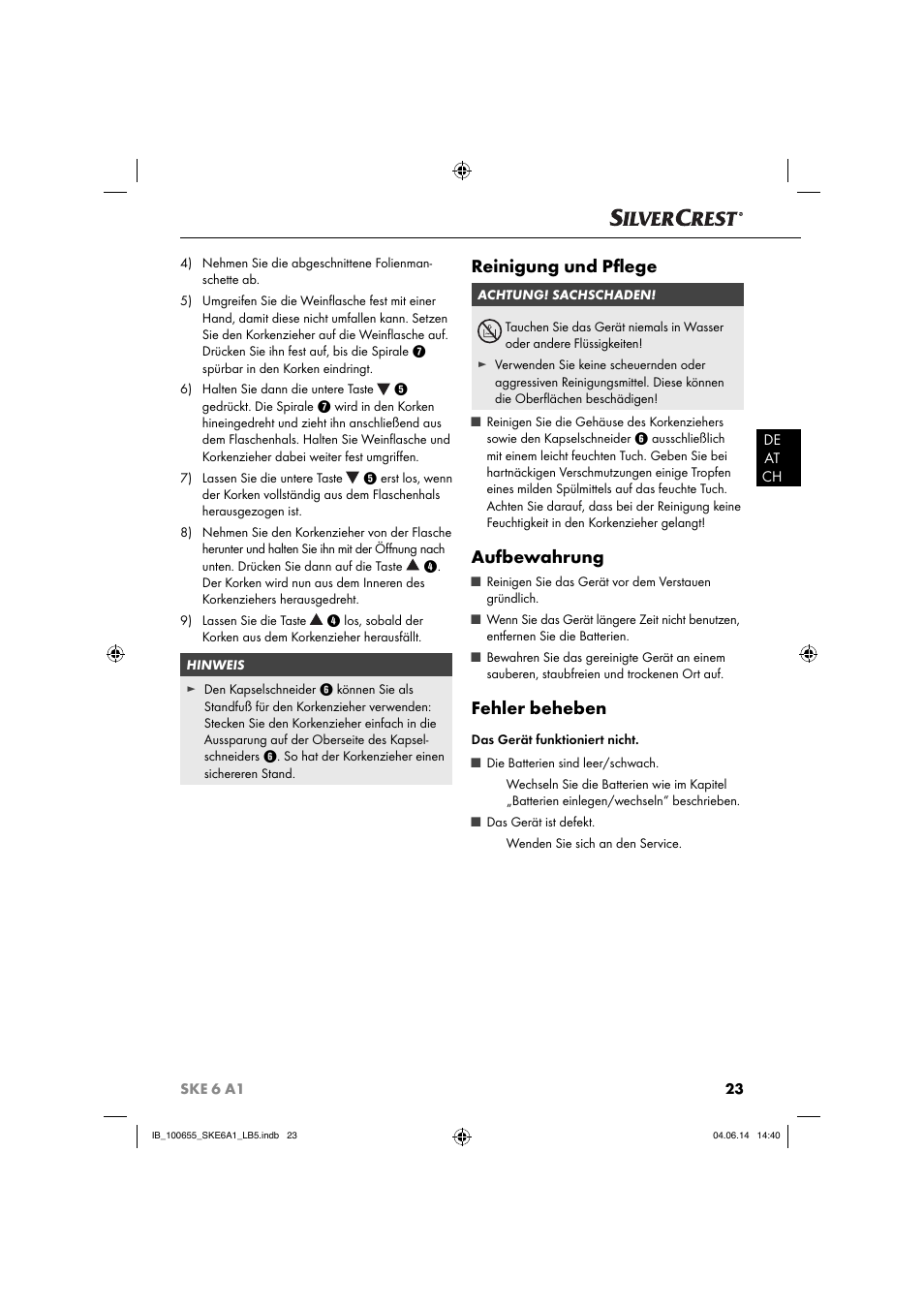 Reinigung und pﬂ ege, Aufbewahrung, Fehler beheben | Silvercrest SKE 6 A1 User Manual | Page 26 / 28