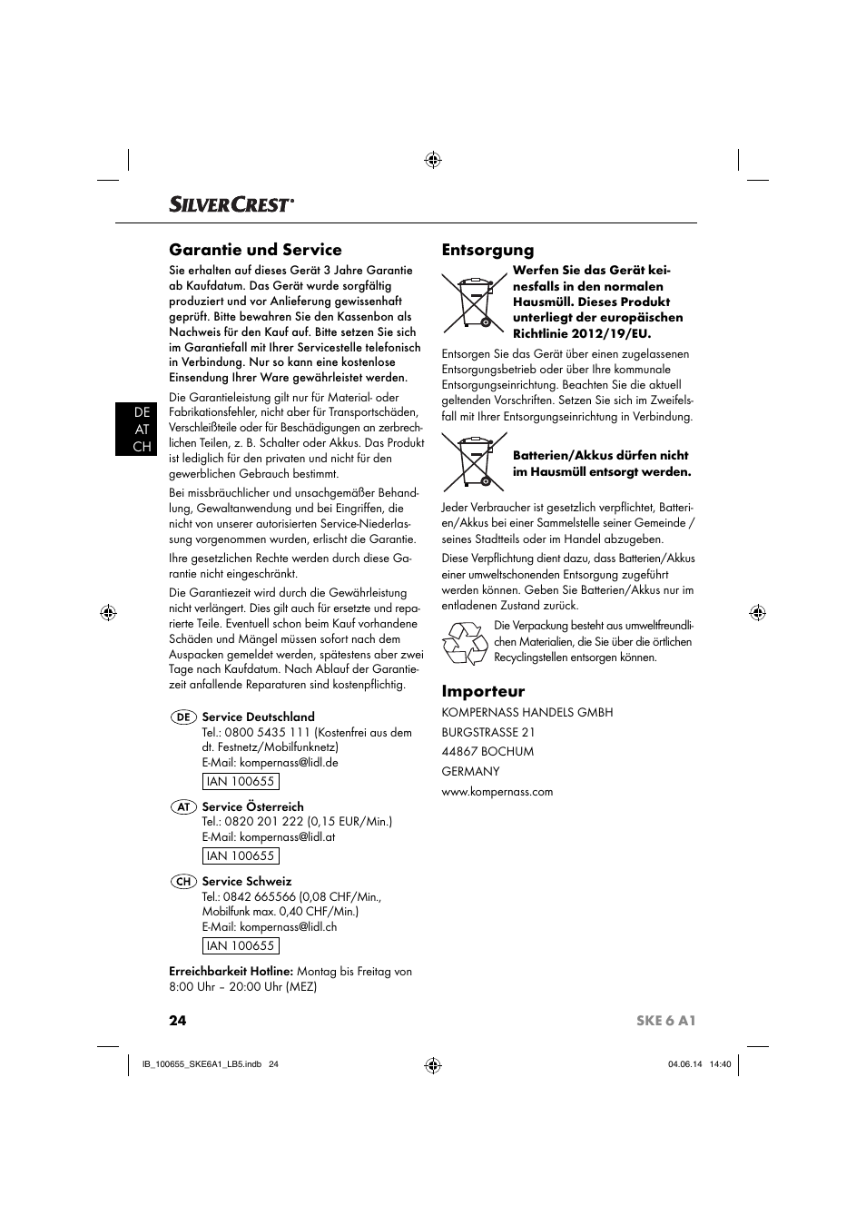 Garantie und service, Entsorgung, Importeur | Silvercrest SKE 6 A1 User Manual | Page 27 / 28