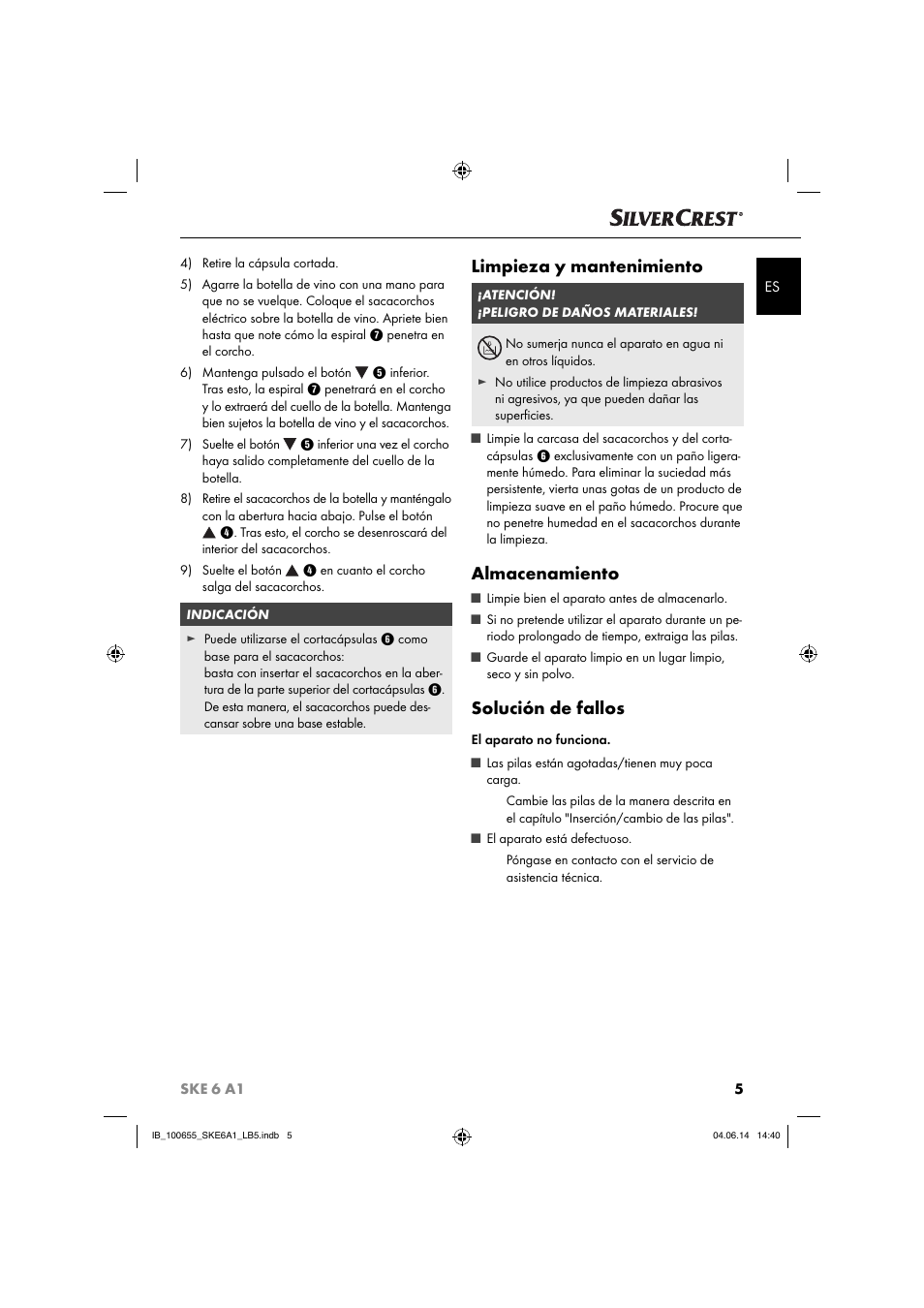Limpieza y mantenimiento, Almacenamiento, Solución de fallos | Silvercrest SKE 6 A1 User Manual | Page 8 / 28