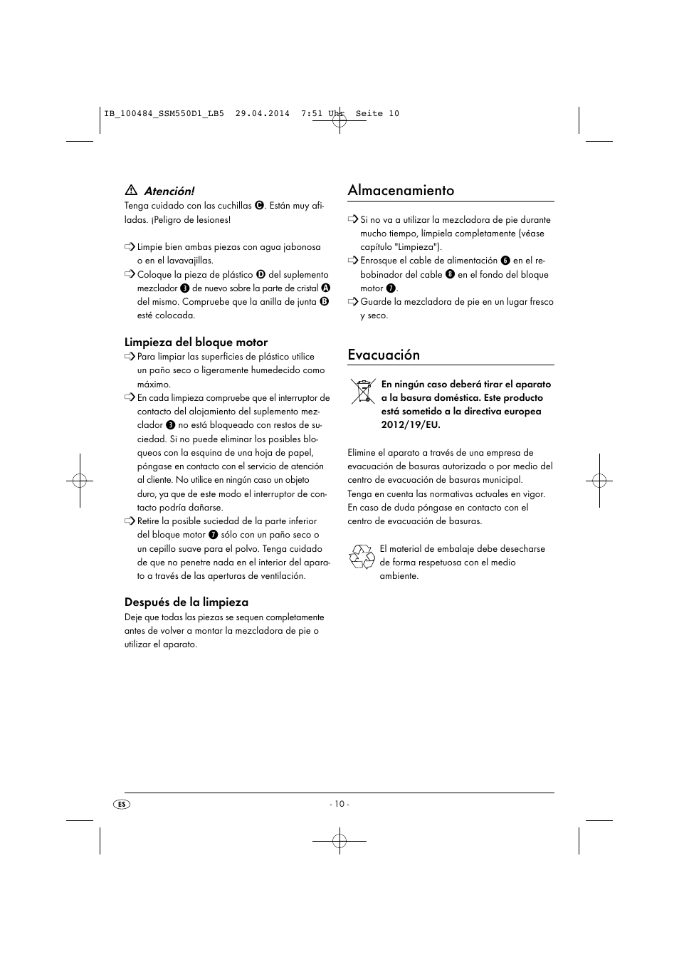 Almacenamiento, Evacuación | Silvercrest SSM 550 D1 User Manual | Page 13 / 63