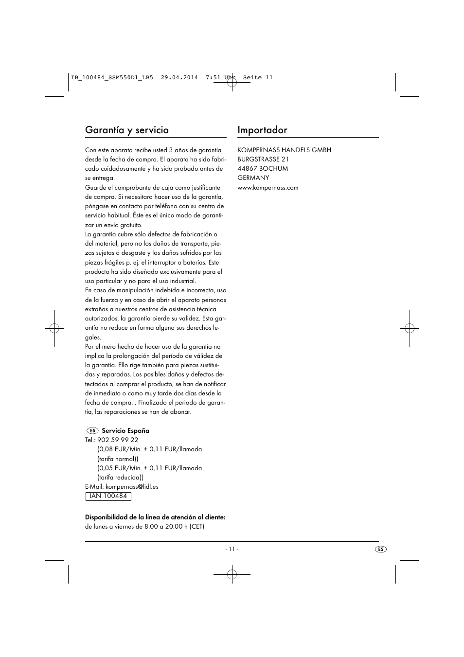 Garantía y servicio, Importador | Silvercrest SSM 550 D1 User Manual | Page 14 / 63