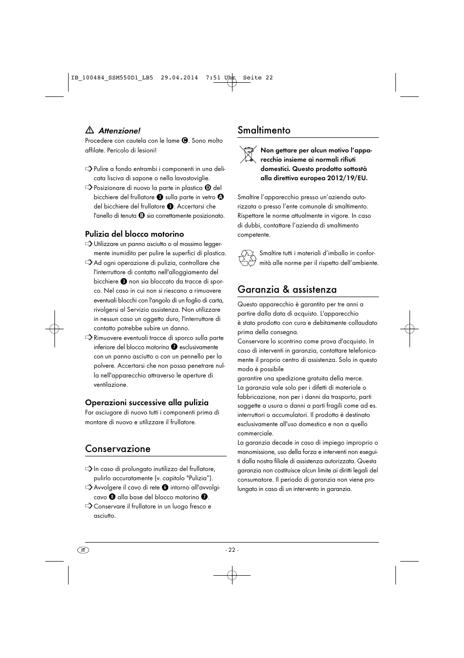 Conservazione, Smaltimento, Garanzia & assistenza | Silvercrest SSM 550 D1 User Manual | Page 25 / 63