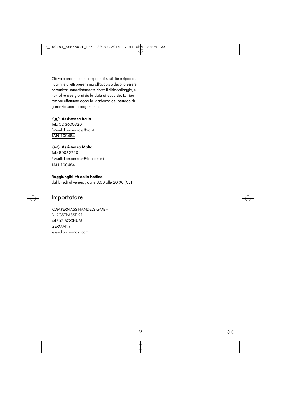 Importatore | Silvercrest SSM 550 D1 User Manual | Page 26 / 63