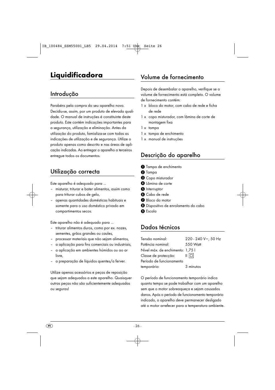 Liquidificadora, Introdução, Utilização correcta | Volume de fornecimento, Descrição do aparelho, Dados técnicos | Silvercrest SSM 550 D1 User Manual | Page 29 / 63