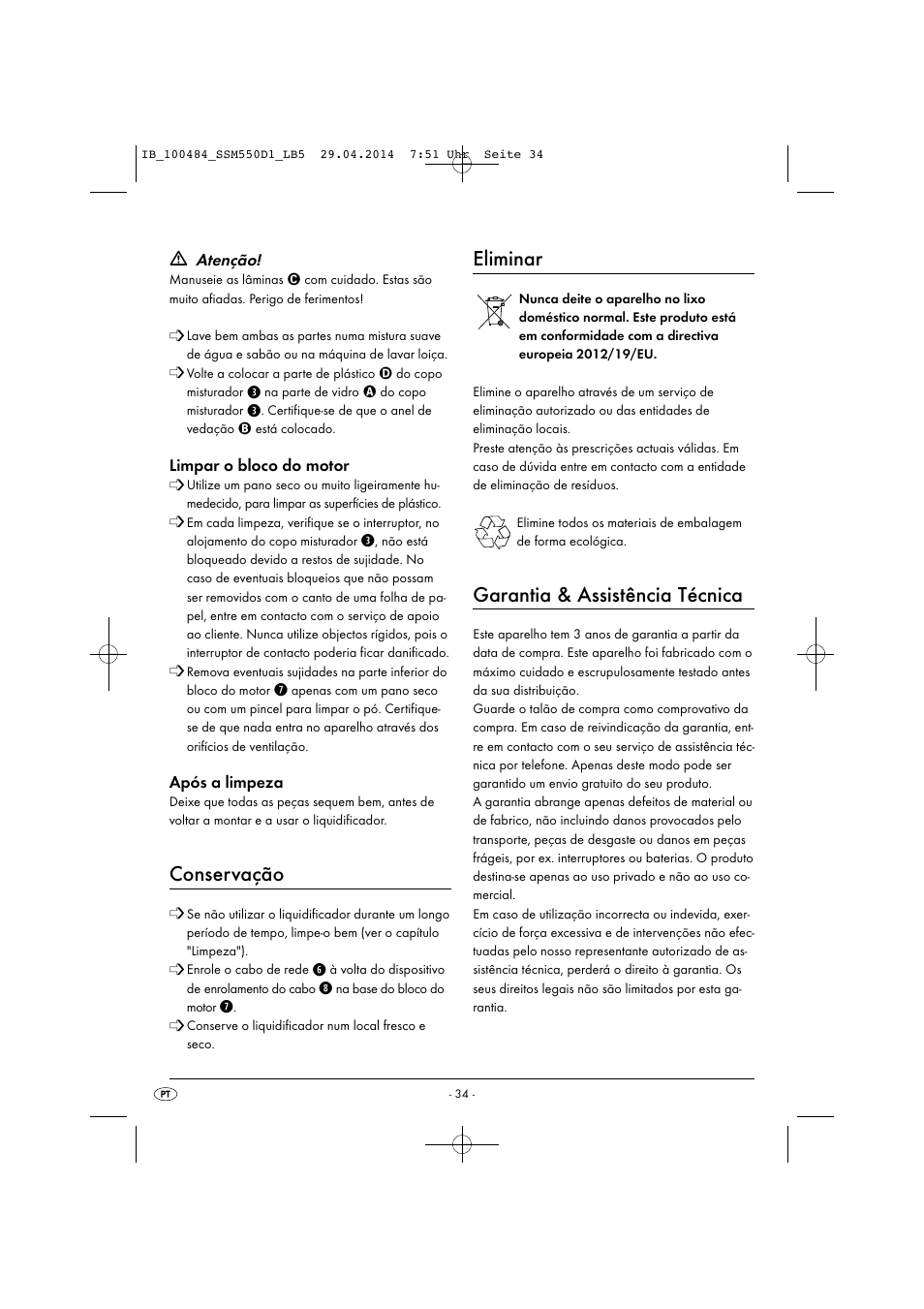 Conservação, Eliminar, Garantia & assistência técnica | Silvercrest SSM 550 D1 User Manual | Page 37 / 63