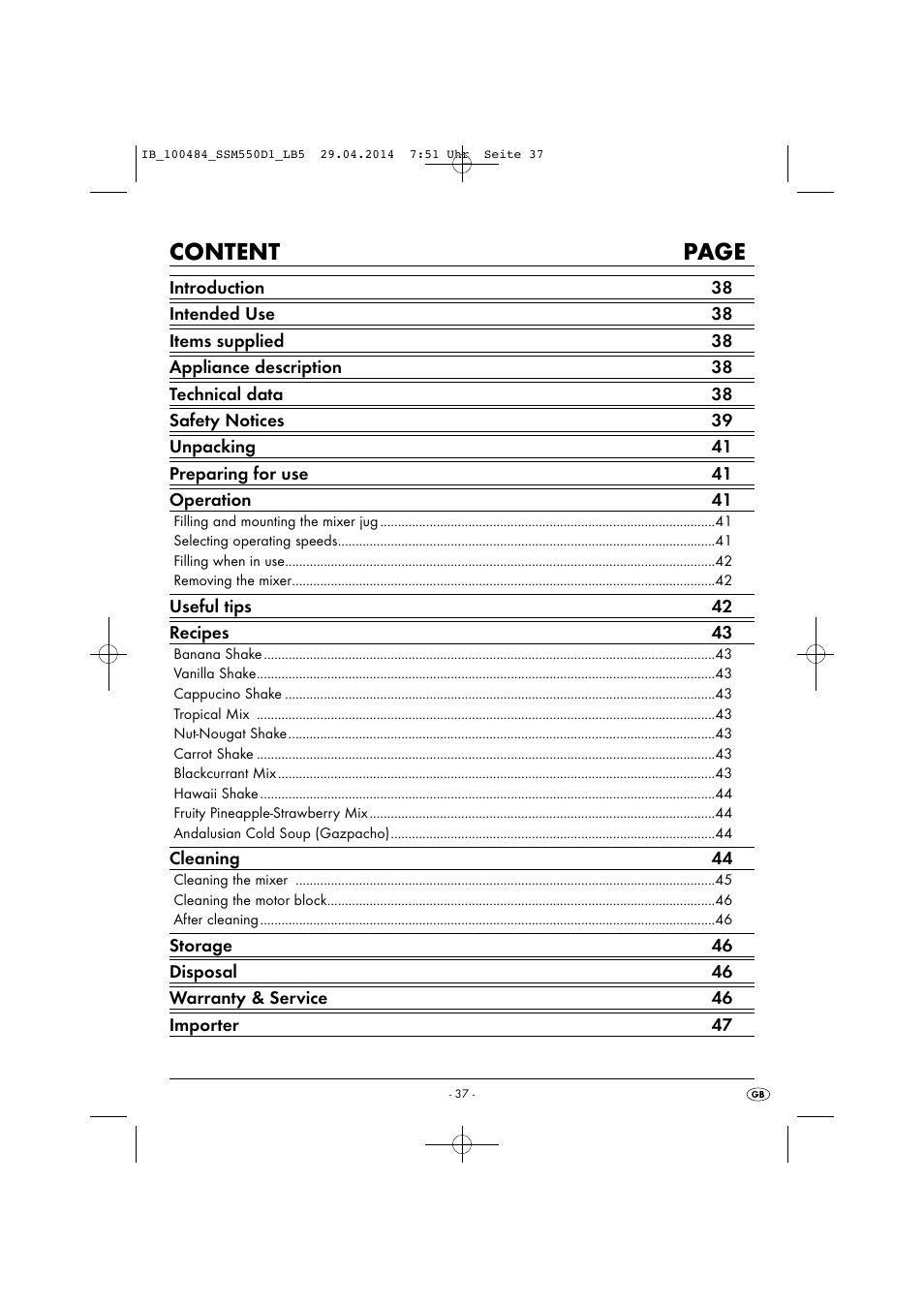 Content page | Silvercrest SSM 550 D1 User Manual | Page 40 / 63