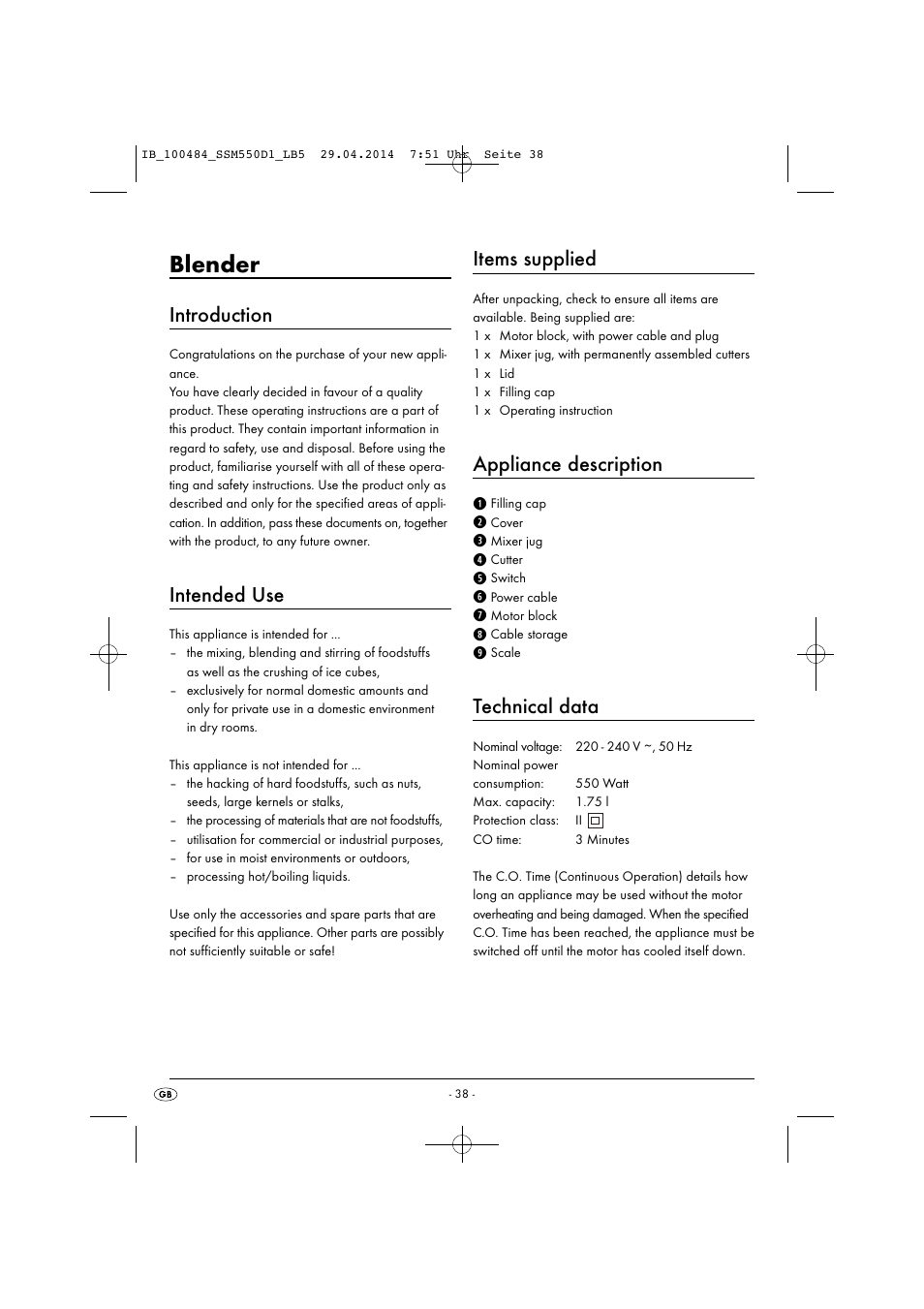 Blender, Introduction, Intended use | Items supplied, Appliance description, Technical data | Silvercrest SSM 550 D1 User Manual | Page 41 / 63