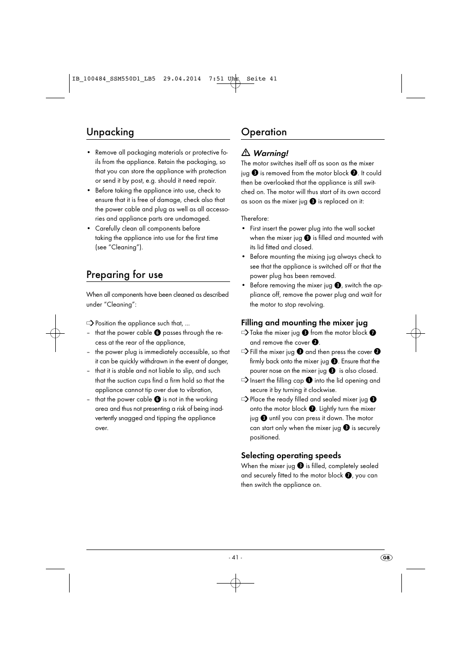 Unpacking, Preparing for use, Operation | Silvercrest SSM 550 D1 User Manual | Page 44 / 63