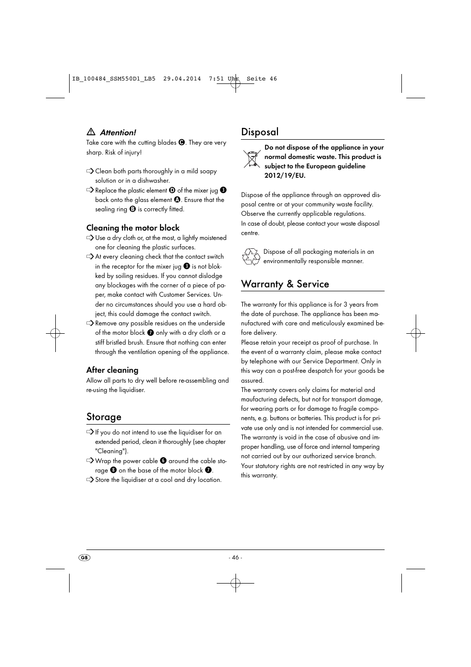 Storage, Disposal, Warranty & service | Silvercrest SSM 550 D1 User Manual | Page 49 / 63