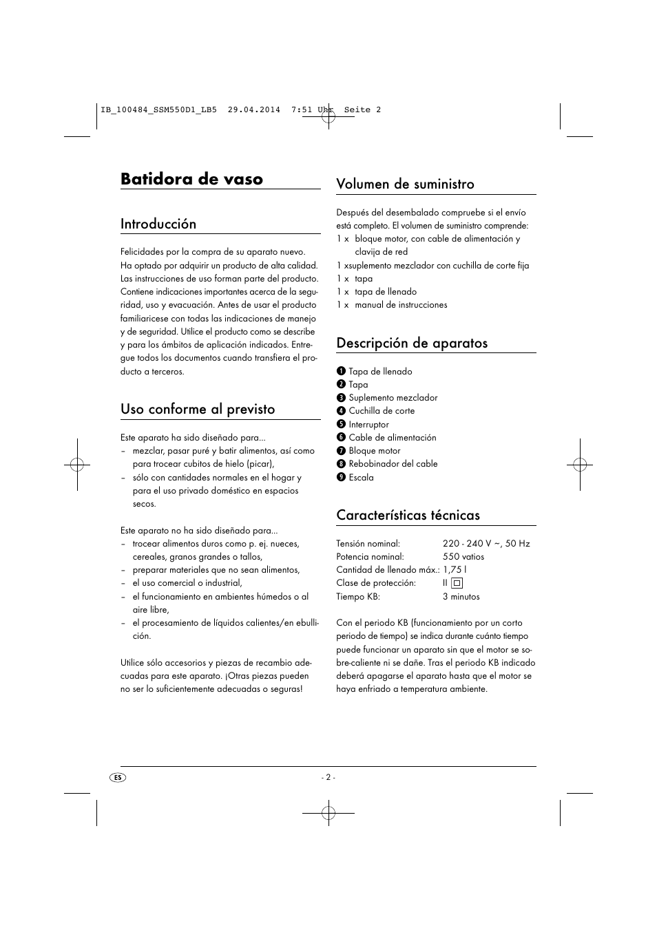 Batidora de vaso, Introducción, Uso conforme al previsto | Volumen de suministro, Descripción de aparatos, Características técnicas | Silvercrest SSM 550 D1 User Manual | Page 5 / 63