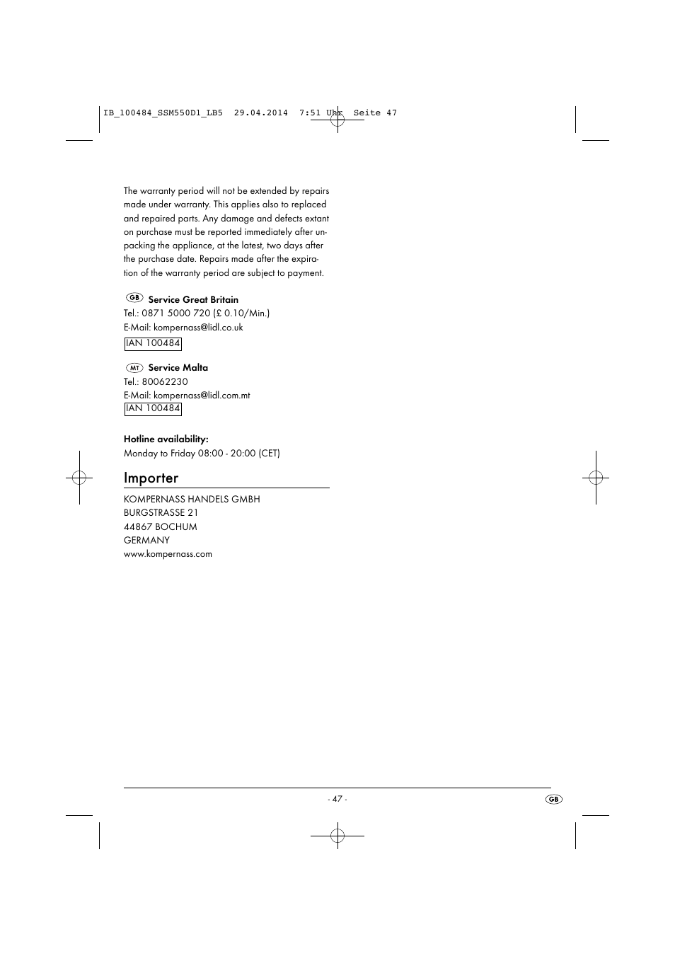 Importer | Silvercrest SSM 550 D1 User Manual | Page 50 / 63