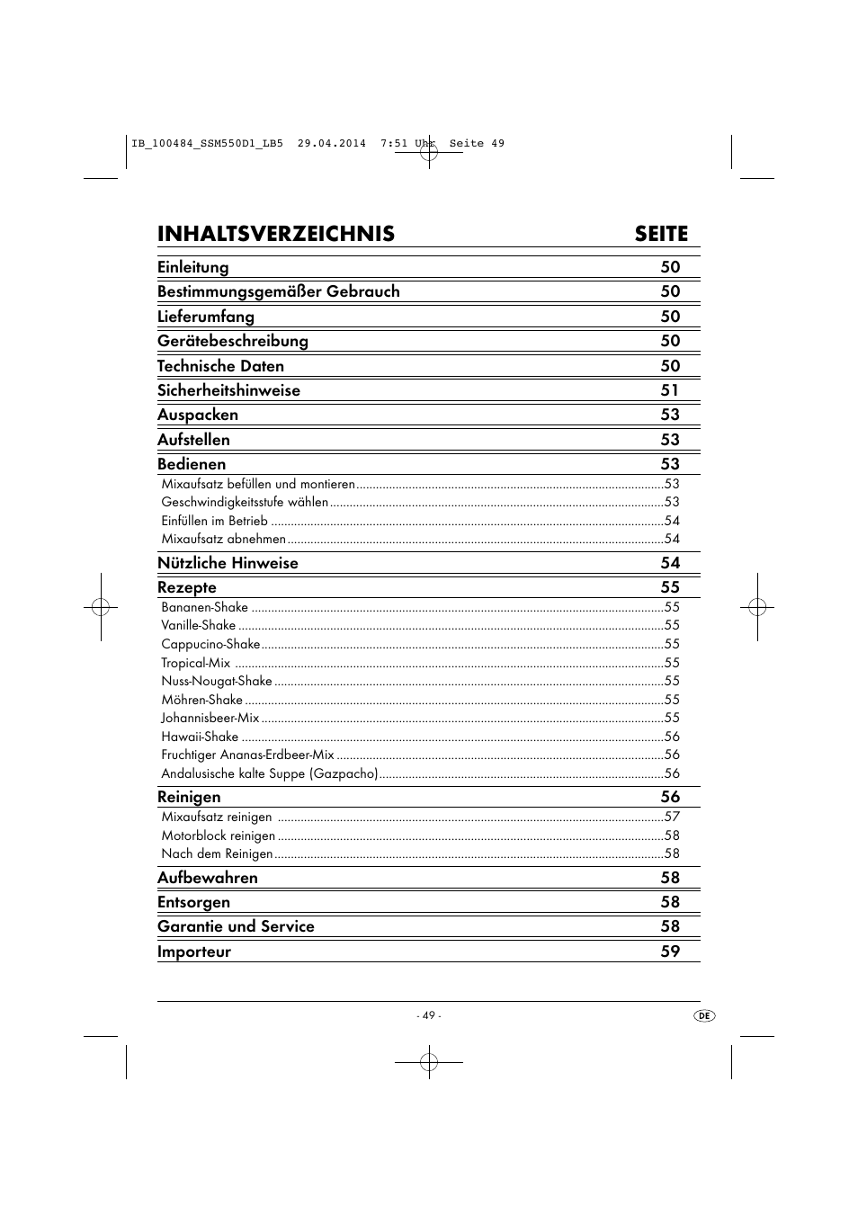 Inhaltsverzeichnis seite | Silvercrest SSM 550 D1 User Manual | Page 52 / 63