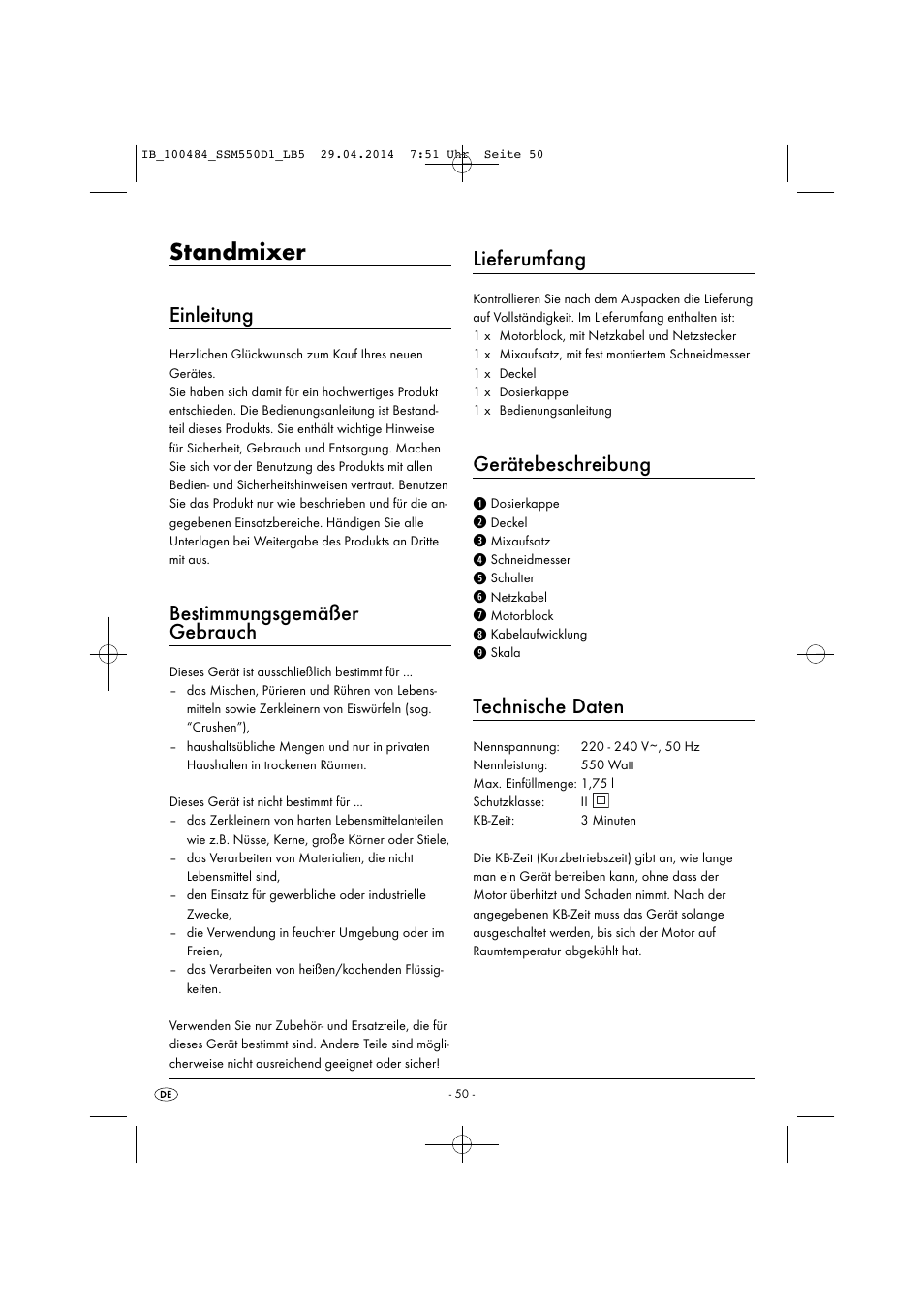 Standmixer, Einleitung, Bestimmungsgemäßer gebrauch | Lieferumfang, Gerätebeschreibung, Technische daten | Silvercrest SSM 550 D1 User Manual | Page 53 / 63