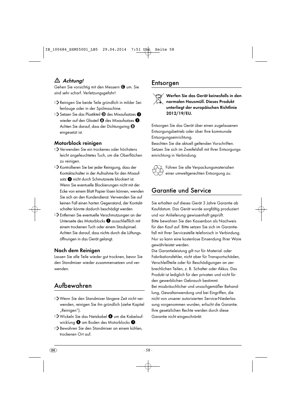 Aufbewahren, Entsorgen, Garantie und service | Silvercrest SSM 550 D1 User Manual | Page 61 / 63