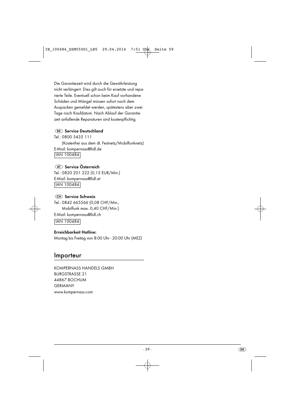 Importeur | Silvercrest SSM 550 D1 User Manual | Page 62 / 63