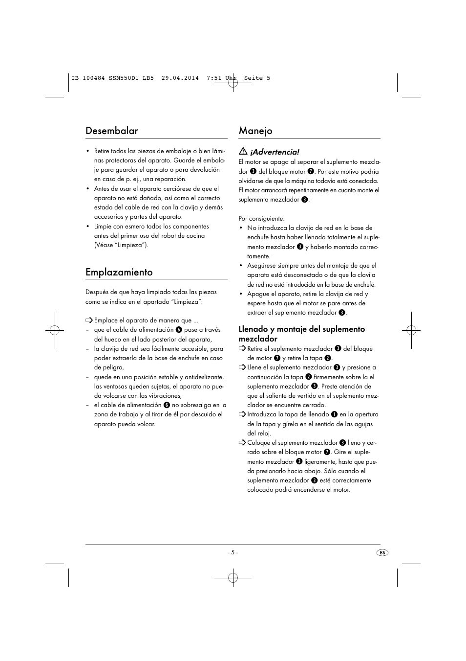 Desembalar, Emplazamiento, Manejo | Silvercrest SSM 550 D1 User Manual | Page 8 / 63