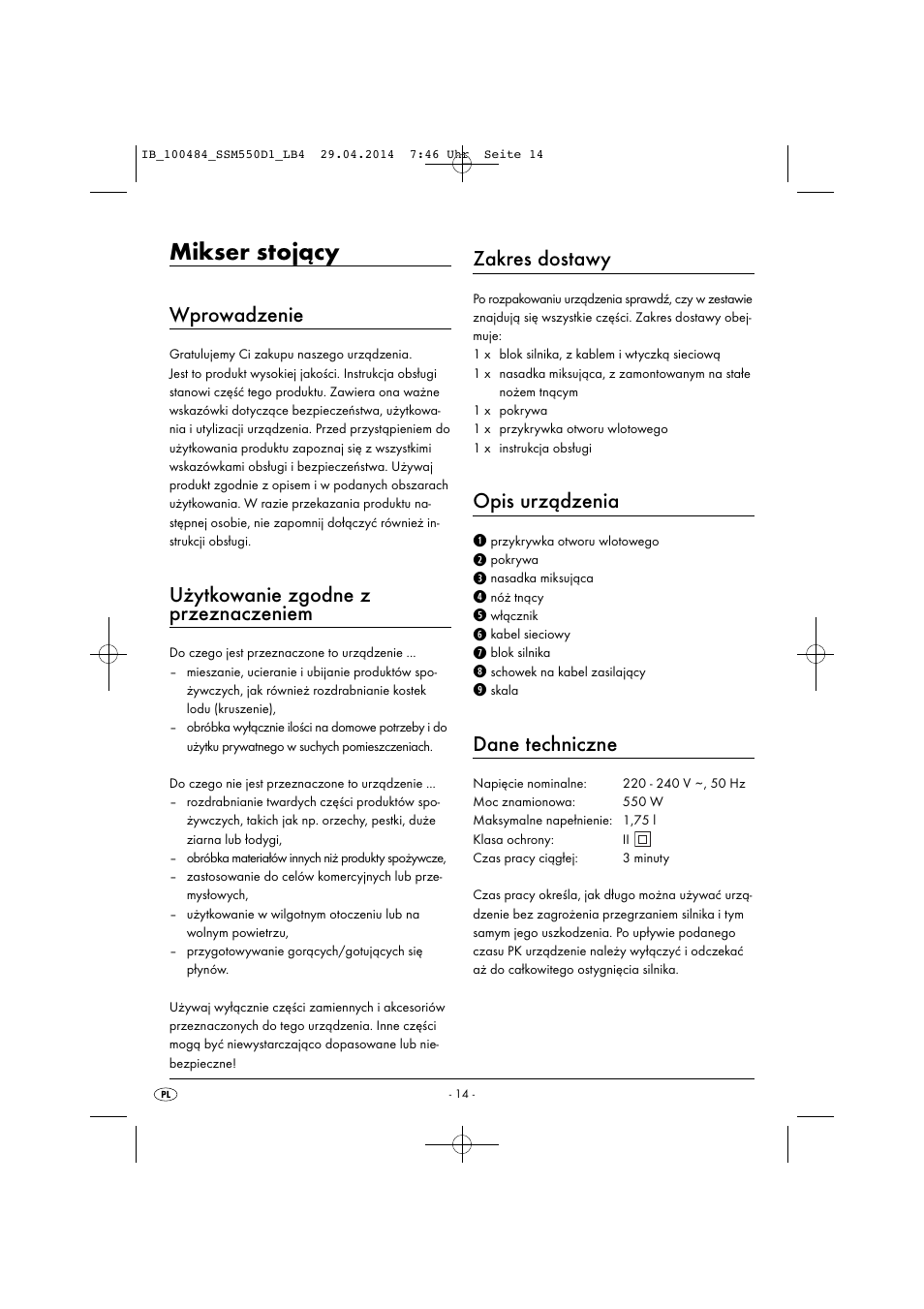 Mikser stojący, Wprowadzenie, Użytkowanie zgodne z przeznaczeniem | Zakres dostawy, Opis urządzenia, Dane techniczne | Silvercrest SSM 550 D1 User Manual | Page 17 / 87